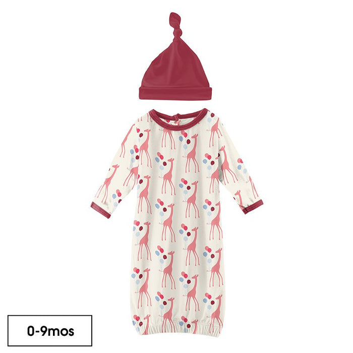 Print Layette Gown & Single Knot Hat Set in Natural Balloon Giraffe