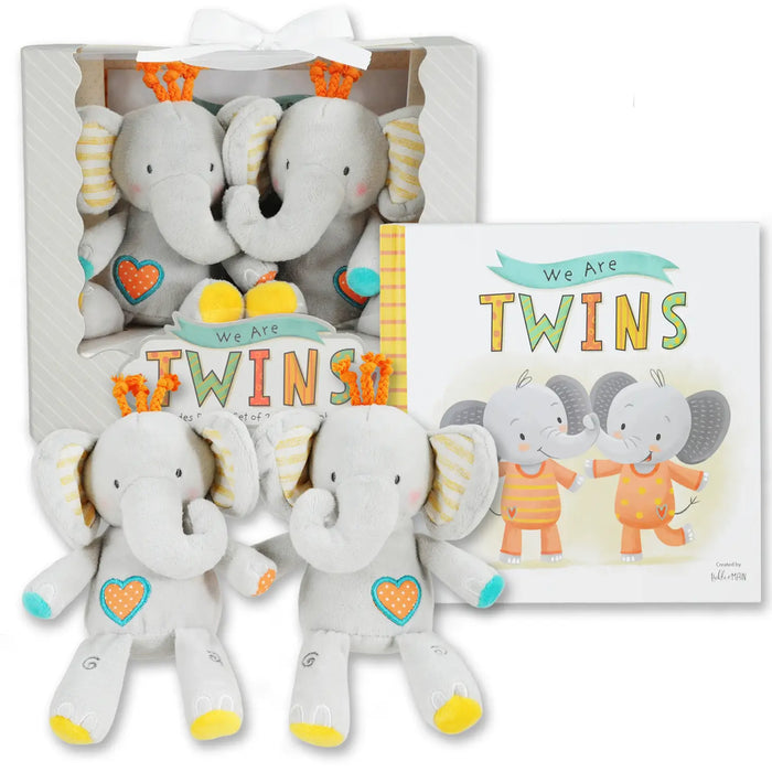 We Are Twins Gift Set w/ Book and 2 Plush Elephant Rattles