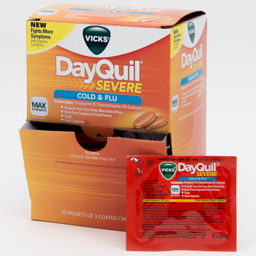 Pictures of a box of blister packs of DayQuil Severe Cold and Flu