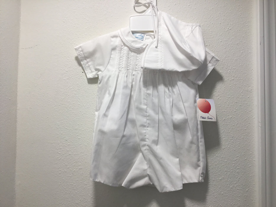 White Romper with embroidered detailing w/ matching Bonnet
