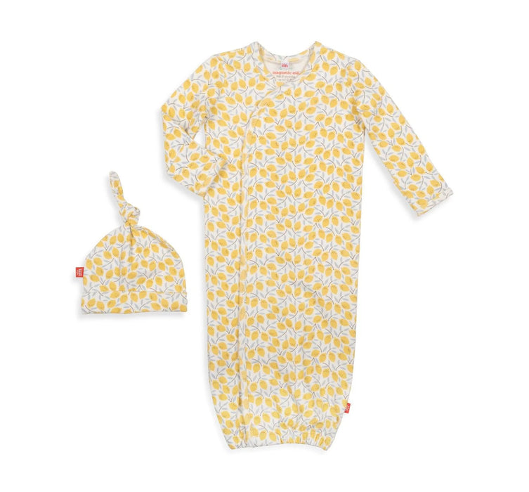easy peasy lemon squeezy organic cotton magnetic open bottom gown + hat set