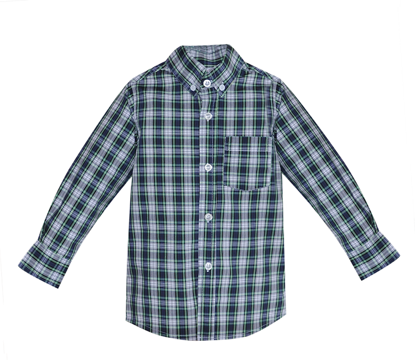 Green and Navy Plaid Button Down Shirt
