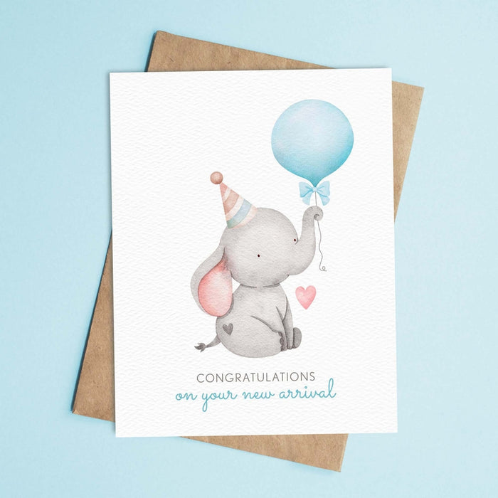 New Baby Card Elephant Blue Balloon