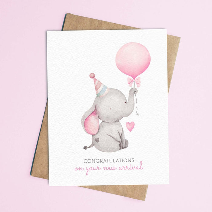 New Baby Card Elephant & Pink Balloon