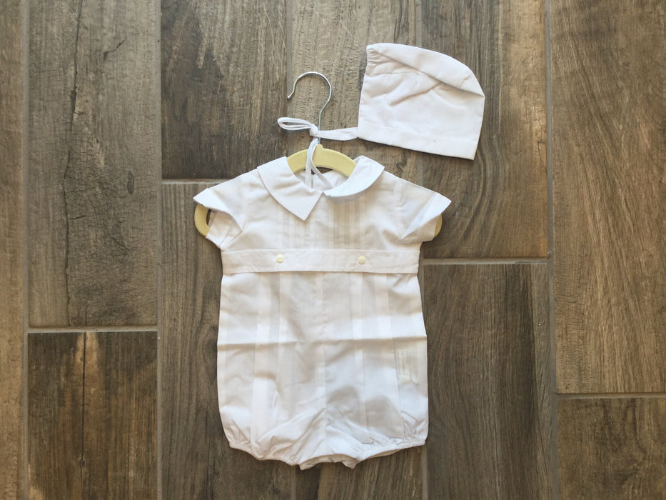 White Pleated Romper with Bonnet